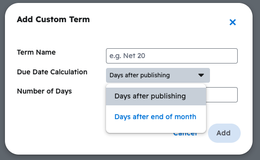 The two Due Date Calculation options: Days after publishing and Days after end of month