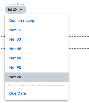 The Invoice Terms dropdown on an invoice, with the option to set a custom due date