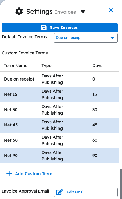 Default Invoice Terms and Custom Invoice Terms in Projul's Invoice settings