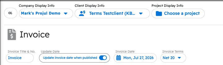 An invoice showing Invoice Terms automatically set to Net 20 after choosing the client
