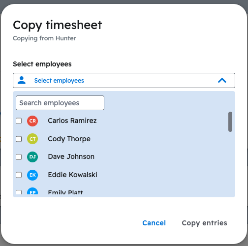 The Copy timesheet window with the employee list open