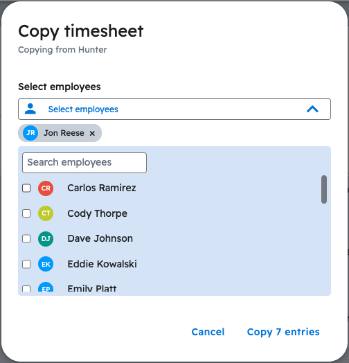 One employee selected, with the button reading Copy 7 entries