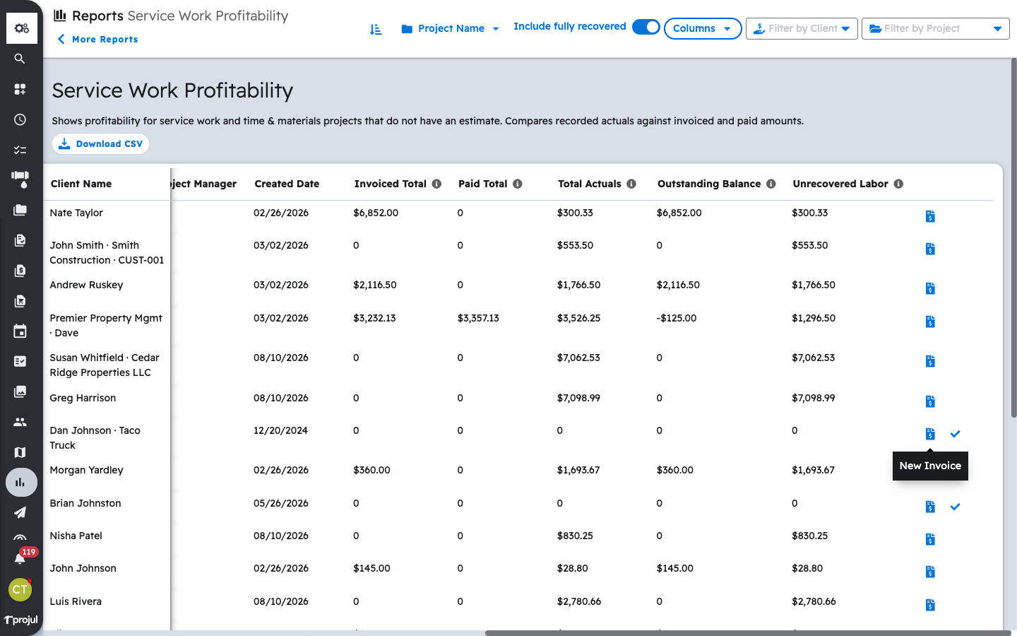 The New Invoice icon at the end of a project row