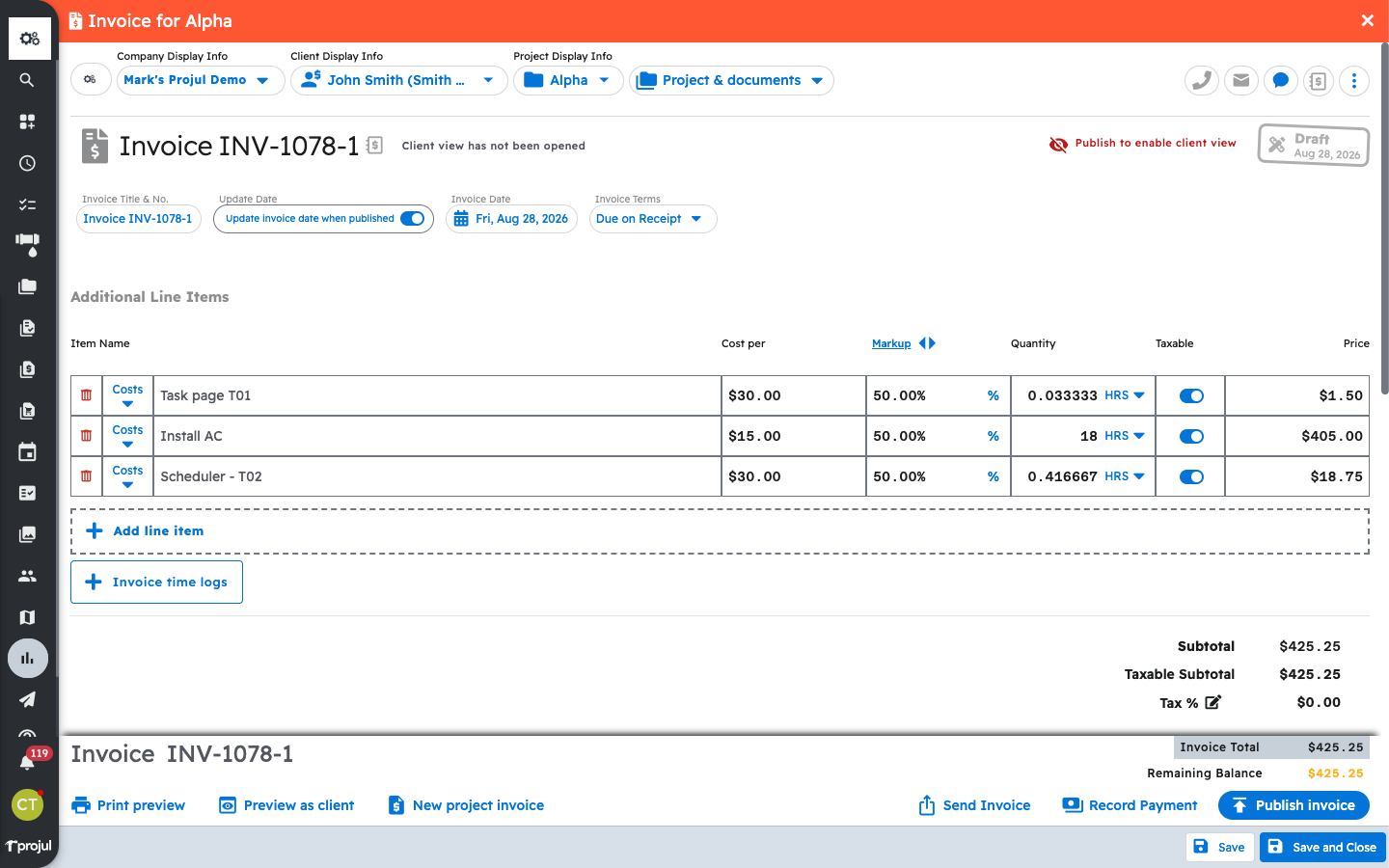 Imported time logs shown as Additional Line Items on the invoice