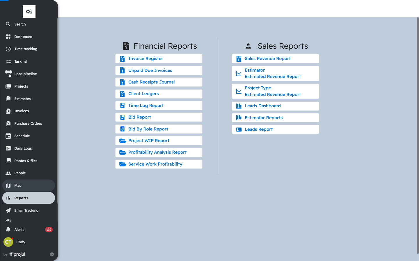 The Reports page with Service Work Profitability listed under Financial Reports