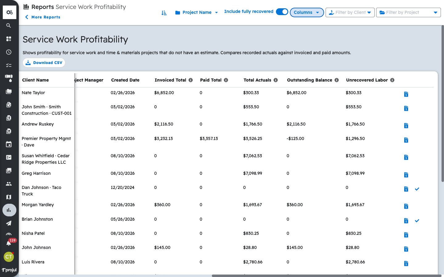The Service Work Profitability report showing the Invoiced Total, Paid Total, Total Actuals, Outstanding Balance and Unrecovered Labor columns