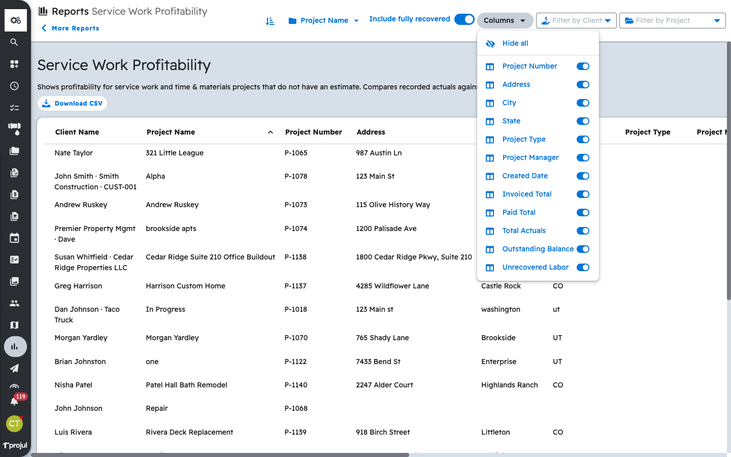 The Columns dropdown on the Service Work Profitability report