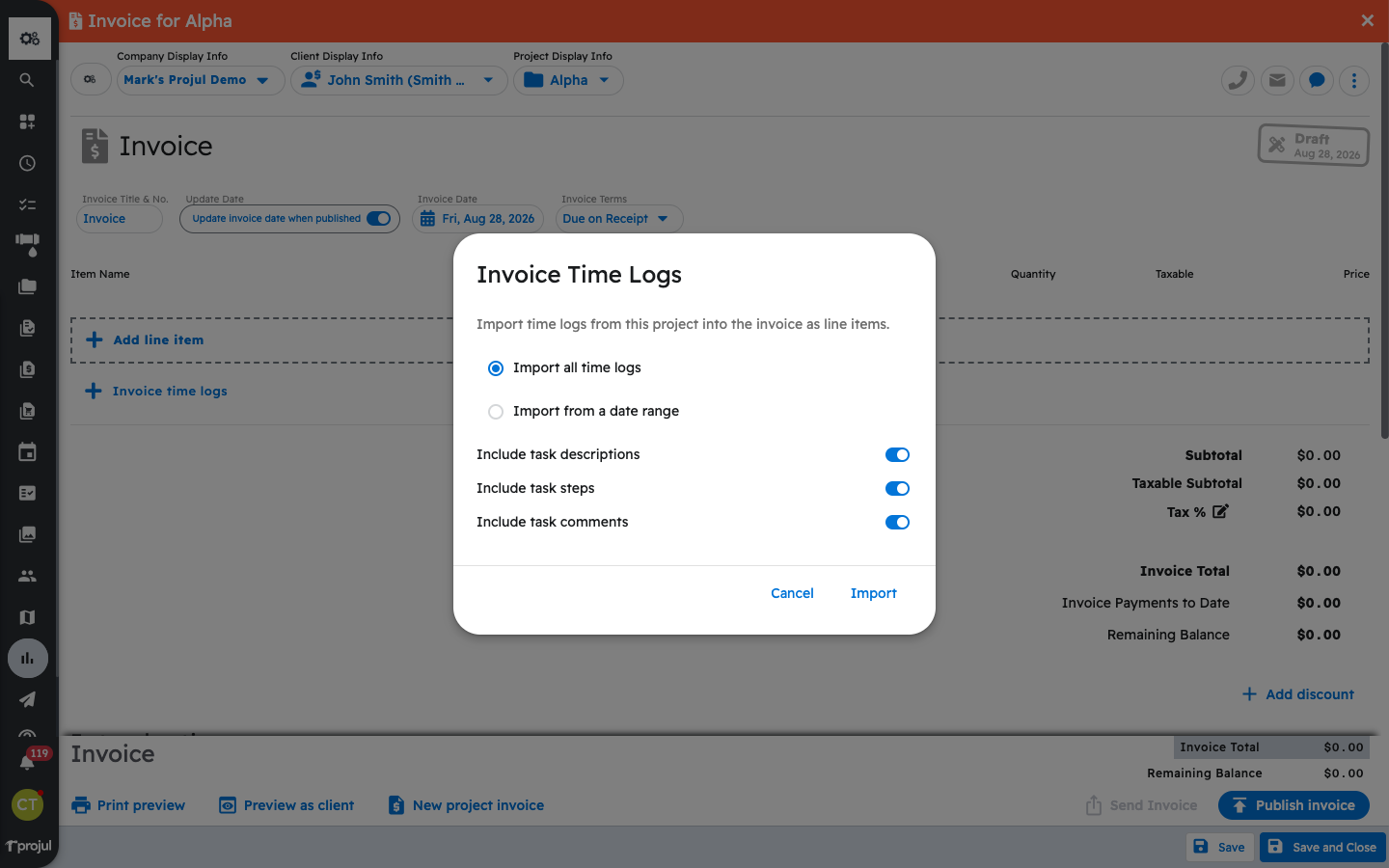 The Invoice Time Logs dialog with Import all time logs selected