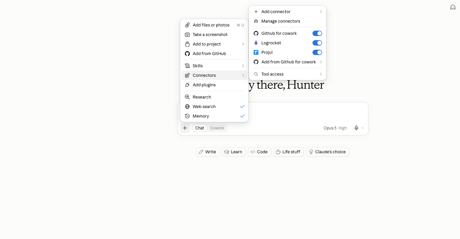 The Connectors list in a Claude chat, with the Projul switch turned on