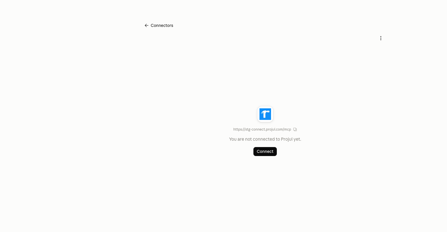 The Projul AI Connector page in Claude before connecting, with the Connect button