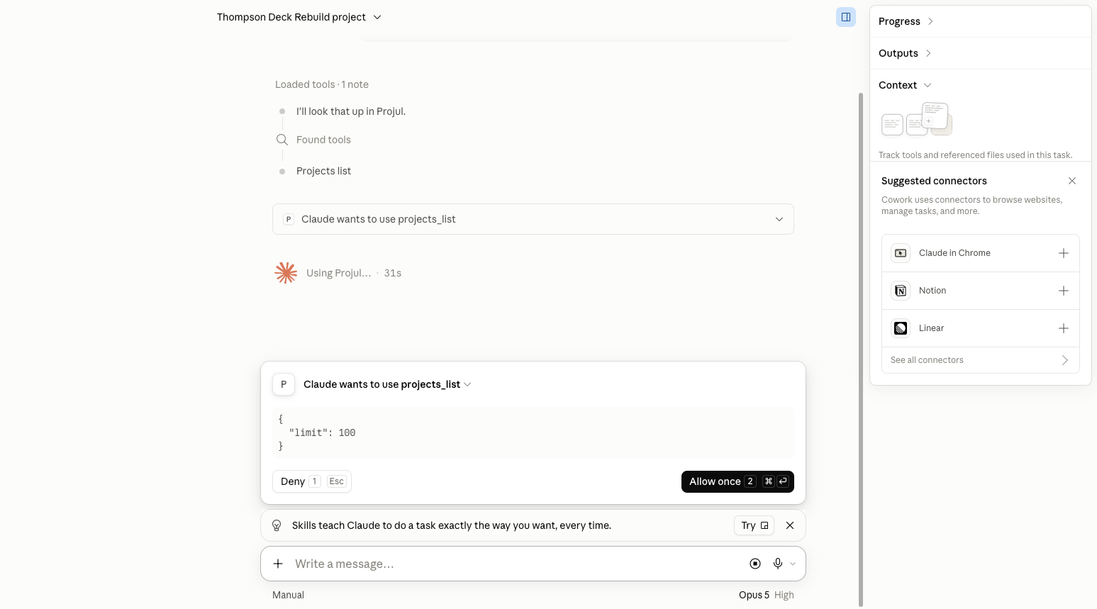 The Cowork approval card, with Claude asking to use projects_list from Projul and the Deny and Allow once buttons