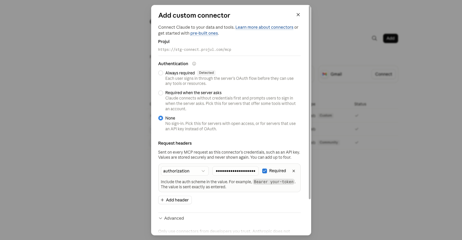 The second page of the Add custom connector window, with Authentication set to None and an authorization header added