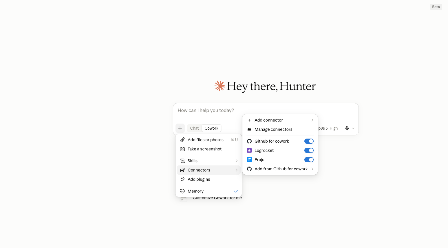 The plus menu in Cowork with the Connectors list open and the Projul switch turned on