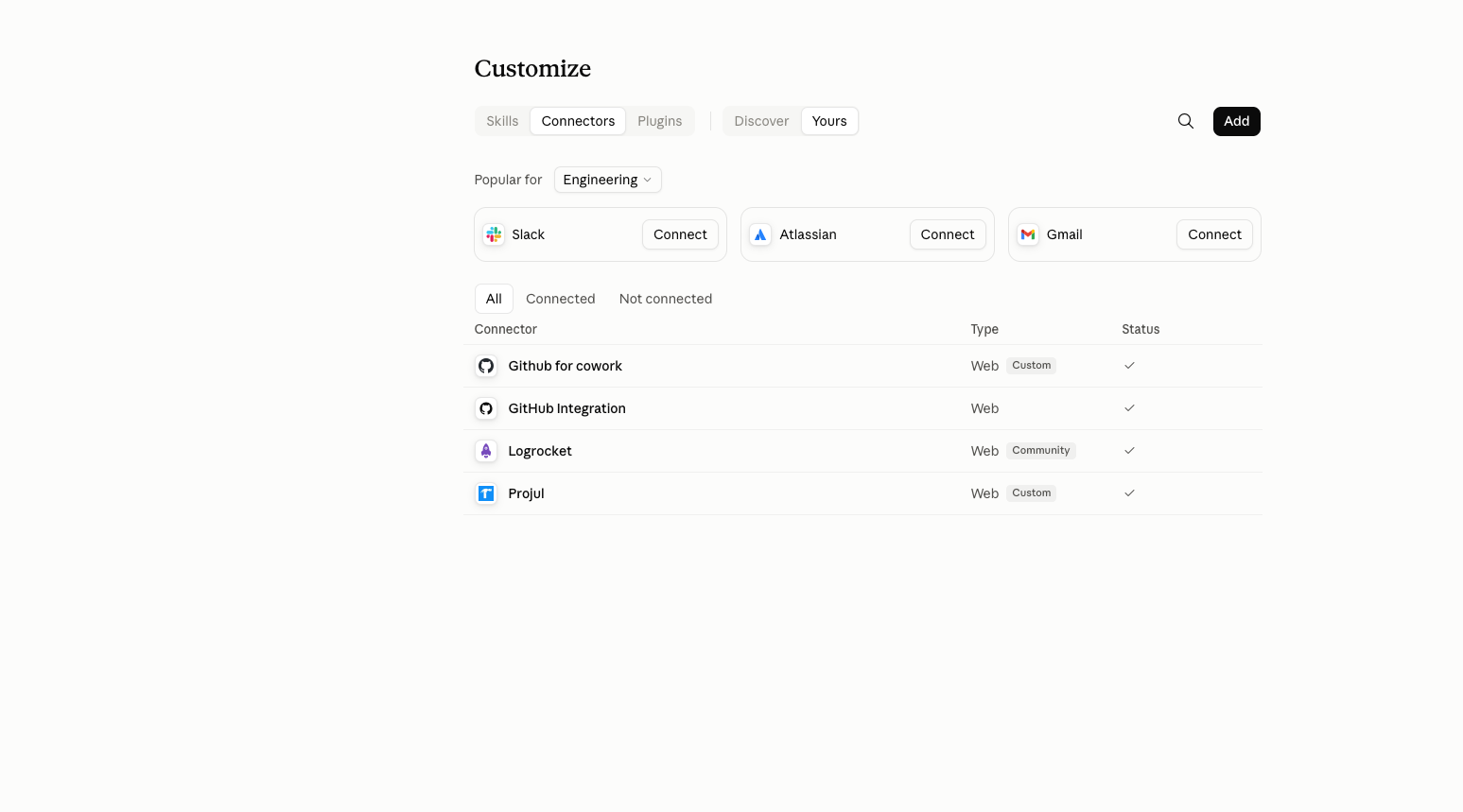 The Customize page in Claude on the Connectors tab, with the Add button in the top right corner
