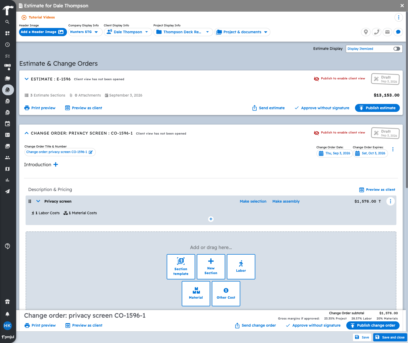 An open estimate in Projul showing the introduction your AI wrote above the sections