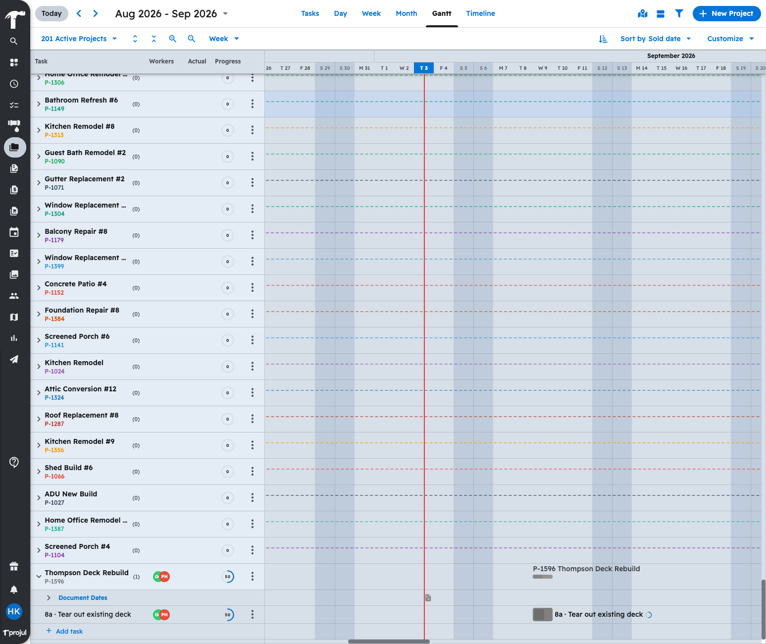 The Gantt view in Projul, where a project expands to show its tasks on their dates