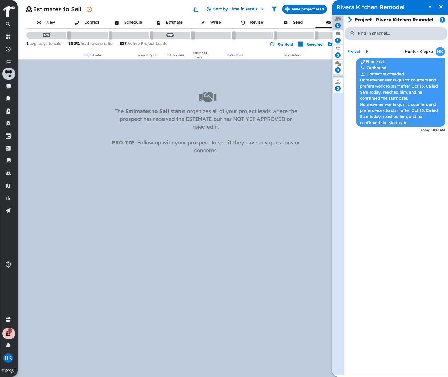 A message on a project in Projul that was written by the AI, shown in the Messages panel
