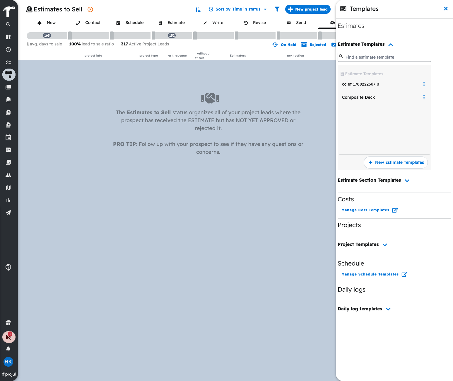 The Templates panel in Projul showing the estimate template your AI created