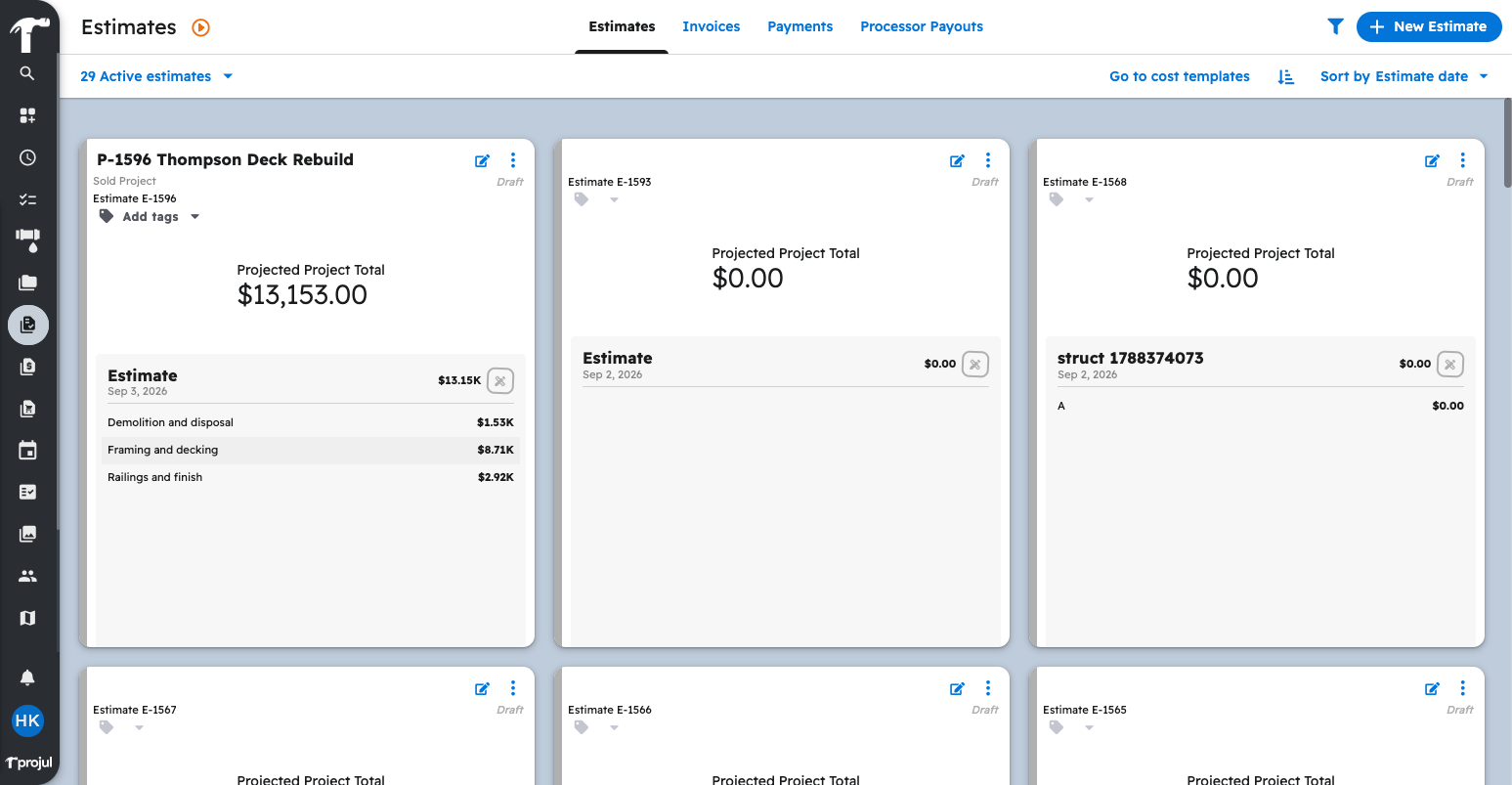 The Estimates page in Projul showing the estimate your AI built, with its sections and projected total