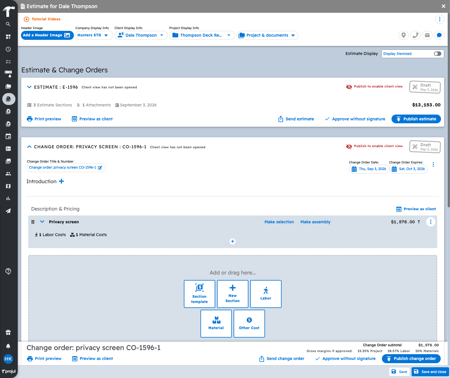 An open estimate in Projul showing an attachment count after your AI attached a file