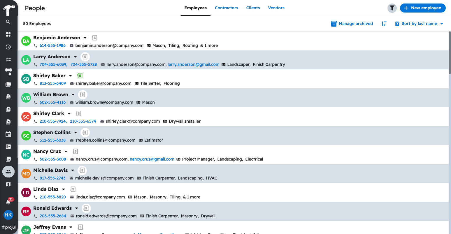 The filter on the People page in Projul with Team/Group Name open, listing the team your AI created