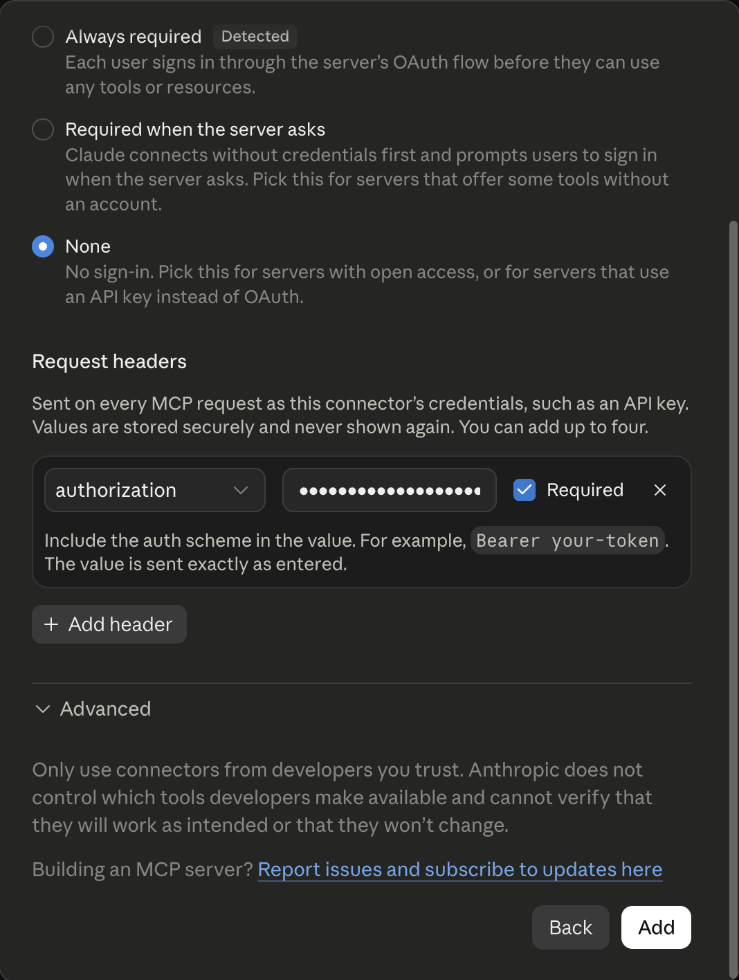 The Add custom connector window in the Claude desktop app with Authentication set to None and the authorization header added
