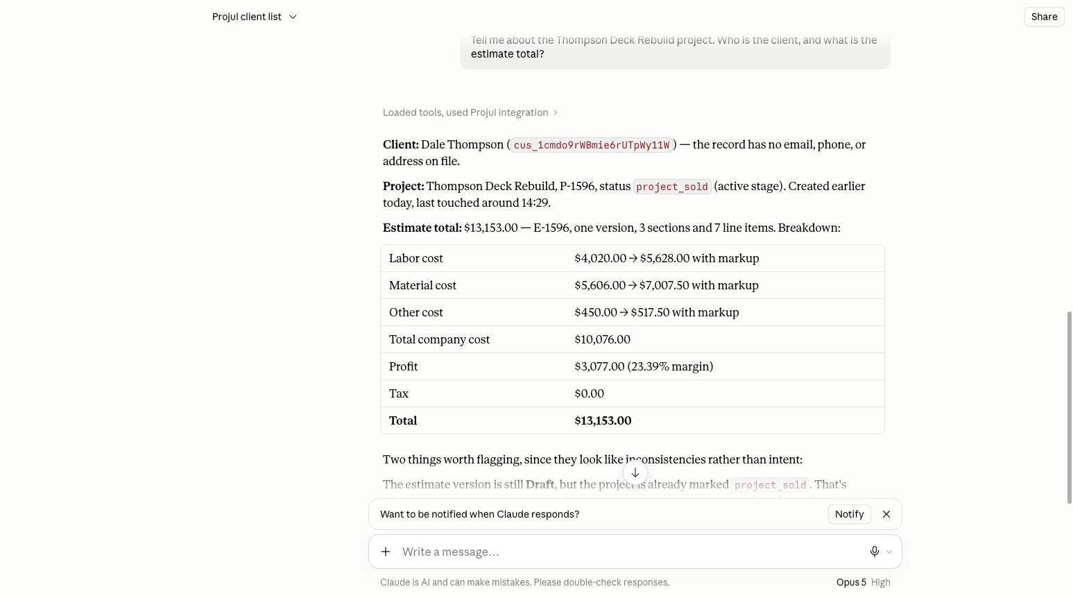 A Claude chat answering a question about a Projul project after using the connector
