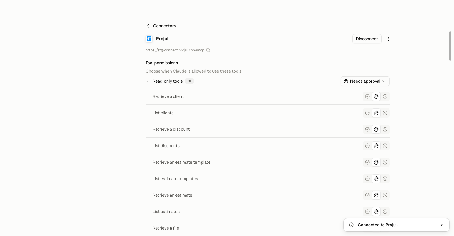 The Projul AI Connector page in Claude listing the tool permissions in two groups, 