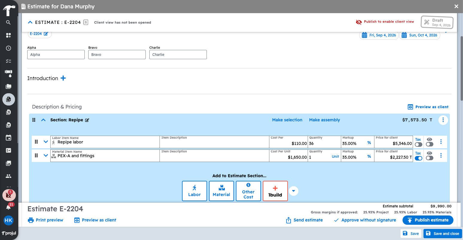 The estimate editor in Projul with the 