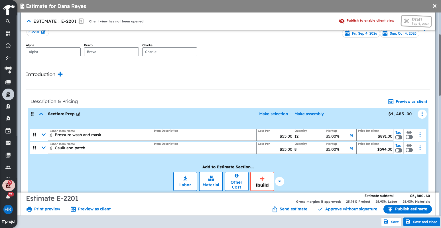 The estimate editor in Projul with the 