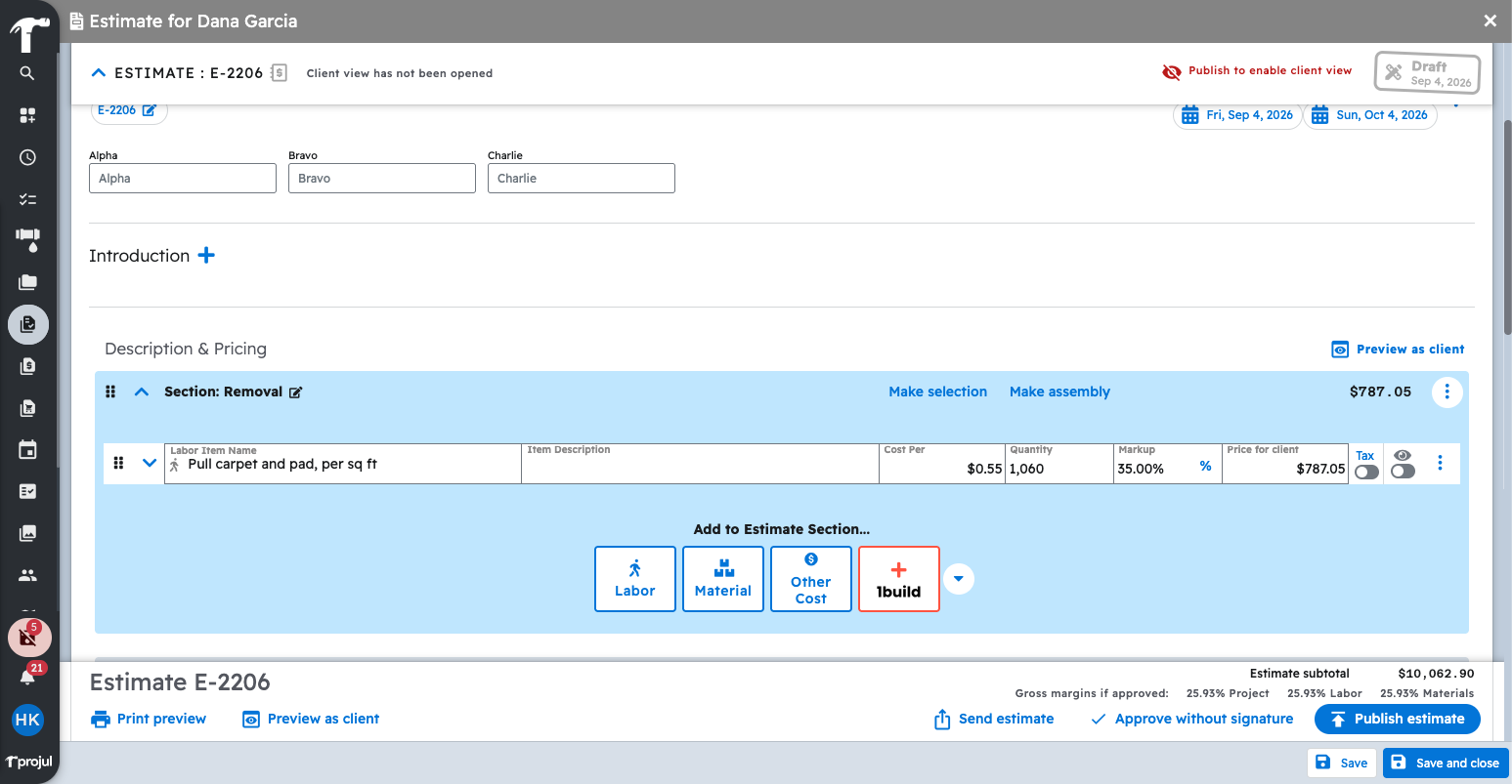 The estimate editor in Projul with the 
