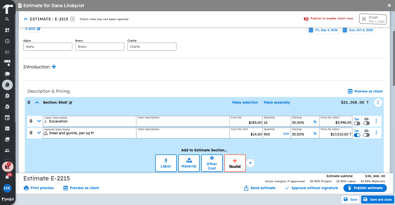 The estimate editor in Projul with the 